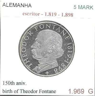 Alemanha - -- 5 Mark - 1969-G - -  Theodor Fontane - -  Moeda de Prata