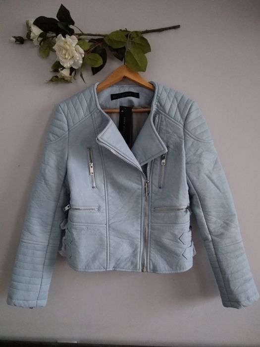 Skórzana kurtka Zara wiosenna baby blue