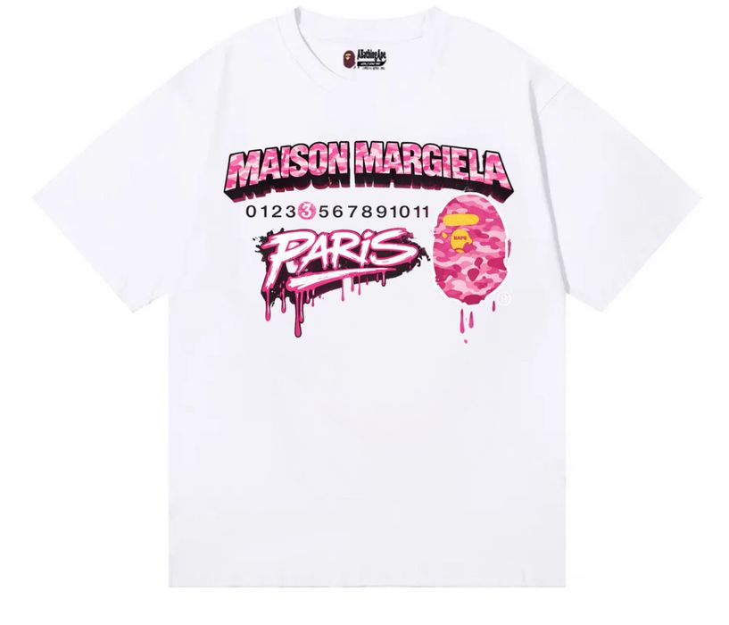Футболки Maison Margiela x Bape Logo унисекс колоборация бейп и мейсон марджелы черные и белые
