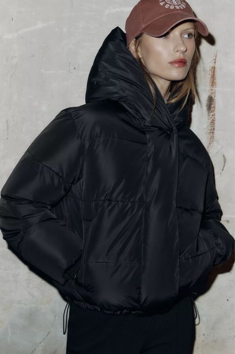 XS, S, M, куртка zara, вкорочений пуховик zara, чорний анорак зара