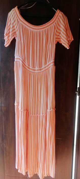 Długa letnia sukienka w paski, carmen, maxi 40/42