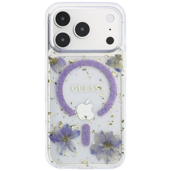 Etui Guess Resin Flowers Glitter MagSafe do iPhone 18 Pro / 17 Pro fioletowy