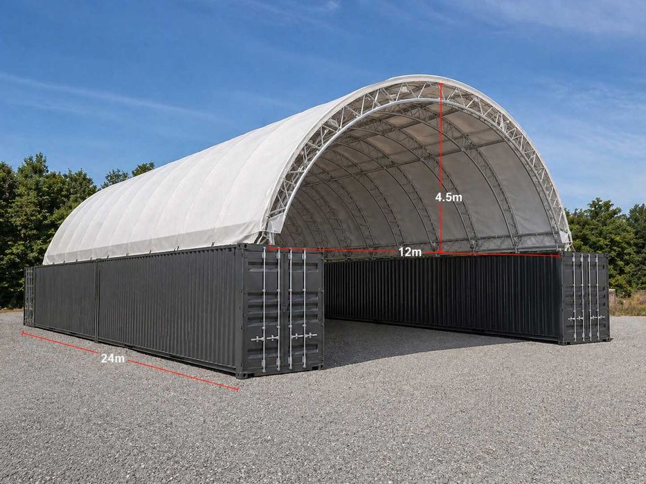 Hala namiotowa, hala kontenerowa, przemysłowa 12x24×4,5 m | PVC 900 g/m² | bez pozwolenia - Dostępna od ręki