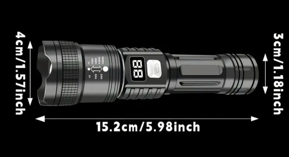 Lanterna Tática LED Profissional - Zoom Telescópico e Display Digital