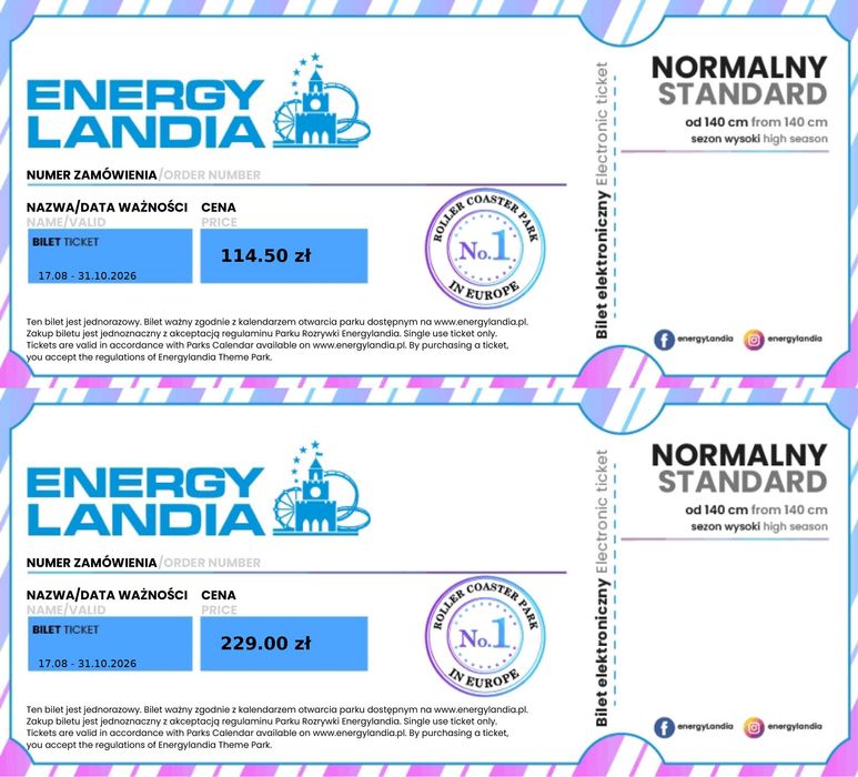 2 bilety do Energylandii - ważne do 31.10.2026