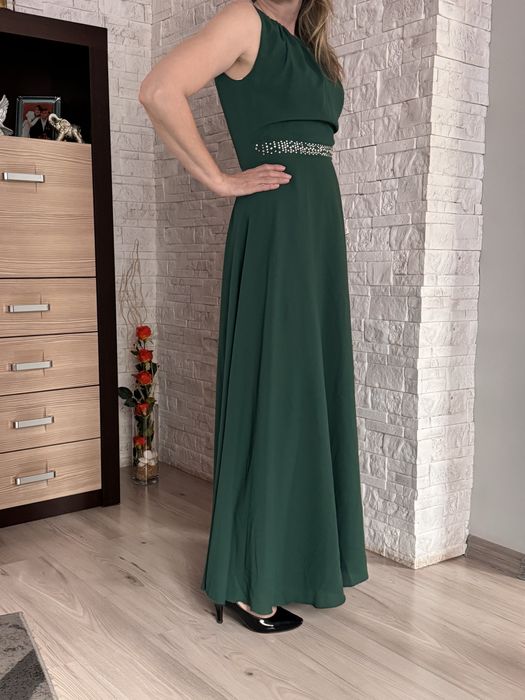 Sukienka butelkowa zieleń długa wieczorowa na wesele tiul