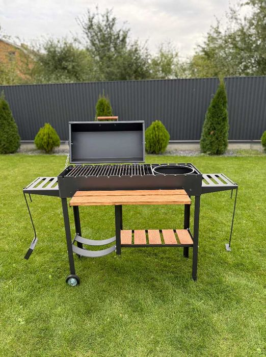 Мангал з кришкою для барбекю метал 5 мм на 13 шампурів з дрівницею