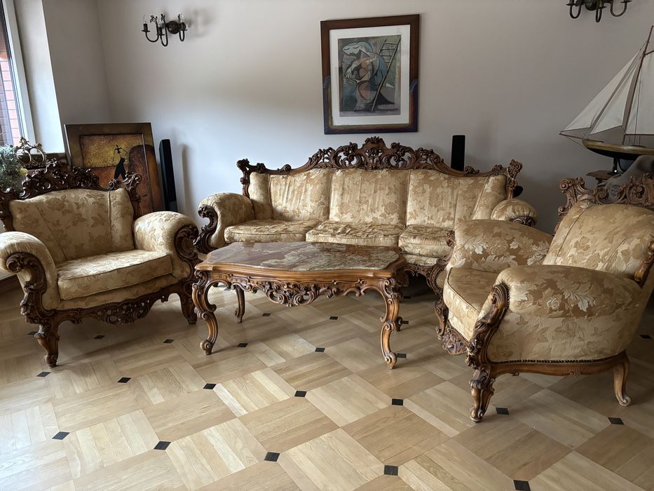 Zestaw złoty barok kanapa fotele rzeźbione drewno 3+1+1