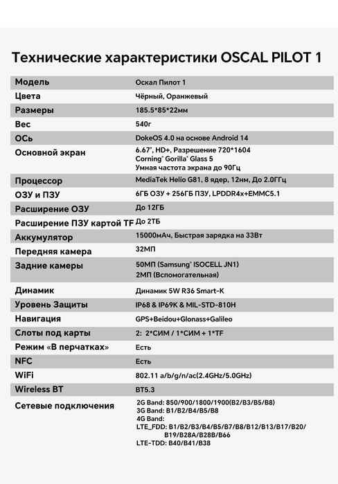 Blackwiev Oscal Pilot1, 15000мАч, 18/256Gb, 50/32Mp динамик 138db 5Вт