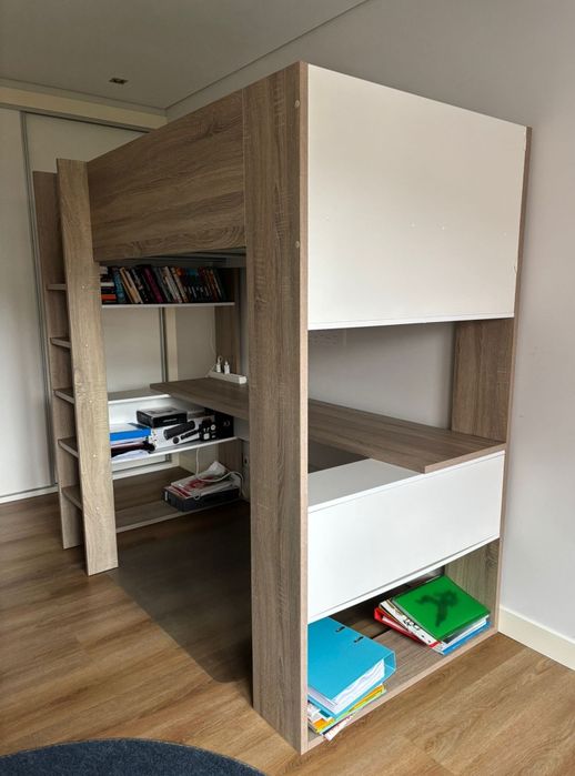 Cama Alta com Secretária e Arrumação – 90x200 cm