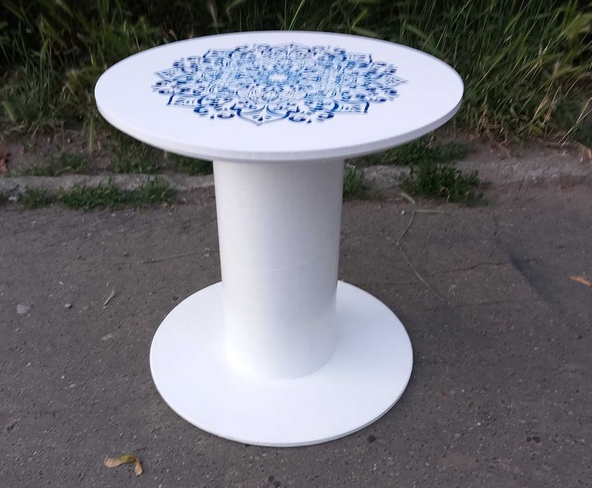 Oryginalny stolik ze szpuli drewnianej mandala śr.40 wys.39,5cm RĘKODZIEŁO