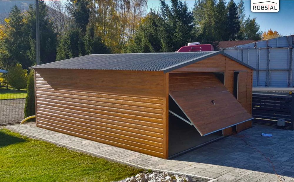 Garaż Blaszany 5x5 drewnopodobny, brama uchylna PREMIUM