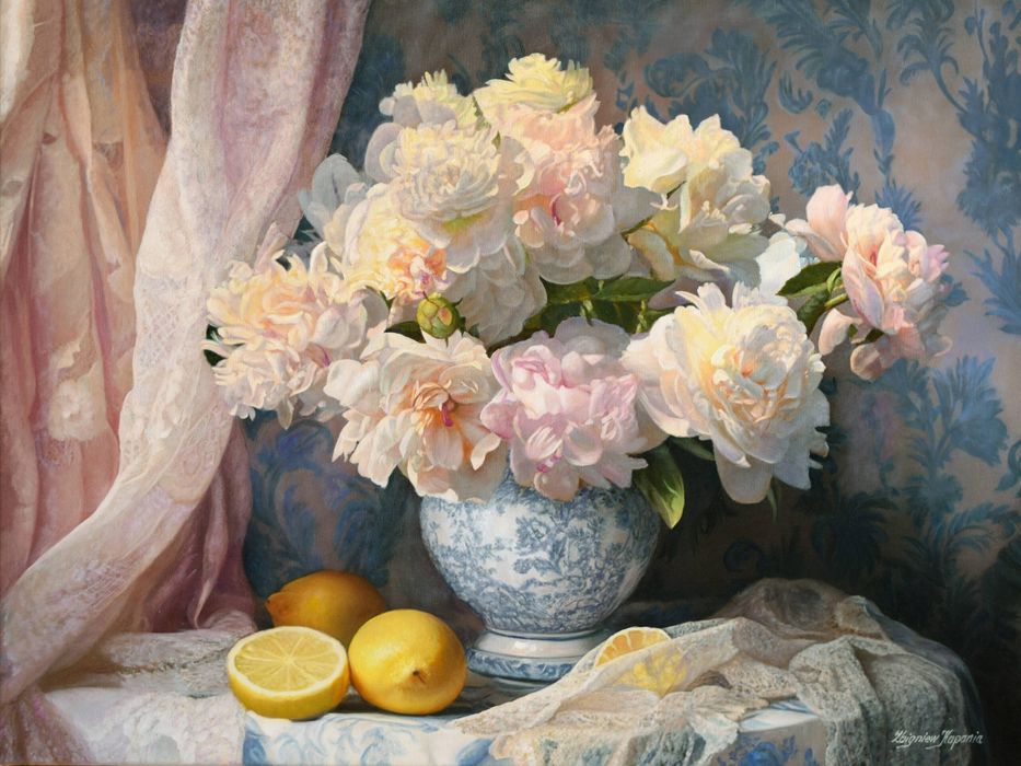 Obraz Olejny  Peonie draperie i cytryny - Zbigniew Kopania