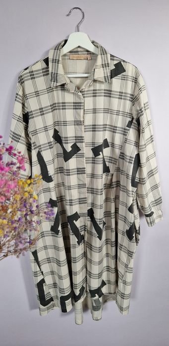 Beżowa luźna sukienka w kratę typu worek L XL 2XL Marta