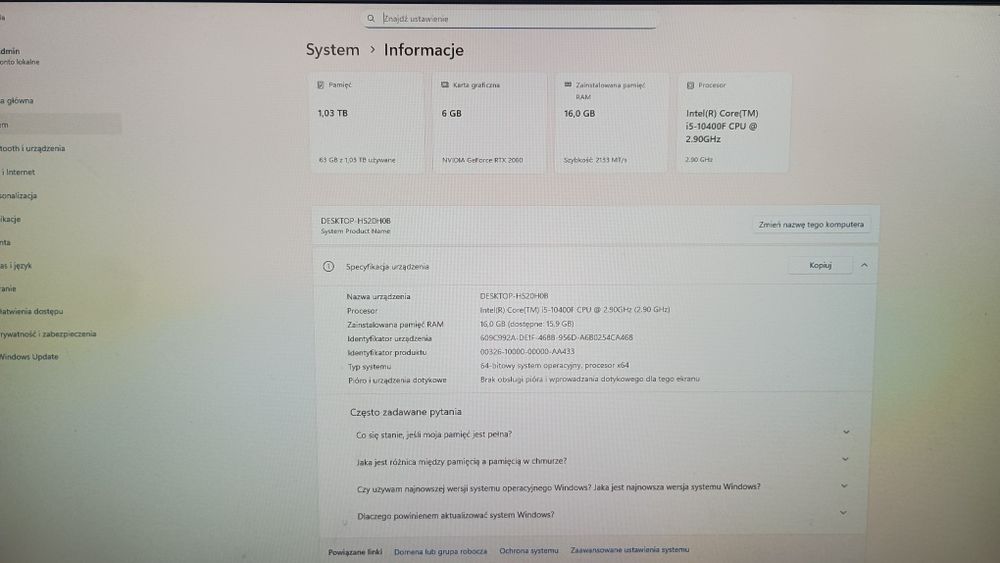 Komputer Gamingowy i5 10 gen/ 16 GB RAM/ RTX 2060/ SSD/ WIN 11