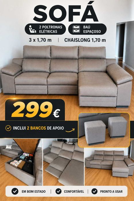 Sofá com Chaise Long e 2 Poltronas Elétricas + Baú + 2 Bancos