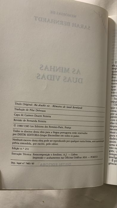 As Minhas Duas Vidas, Memórias de Sarah Bernhardt