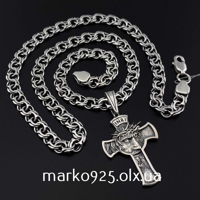 Масивна срібна цепочка чоловіча Бісмарк з хрестиком 925 проба ланцюжок