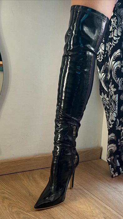 Fantasias sexuais-Botas couro preto envernizado acima do joelho