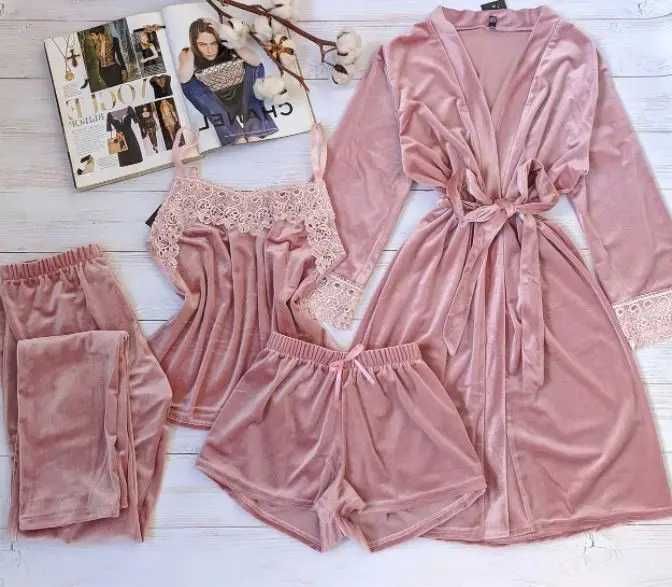 Жіноча велюрова піжама 4в1: майка шорти штани і халат (рожева)