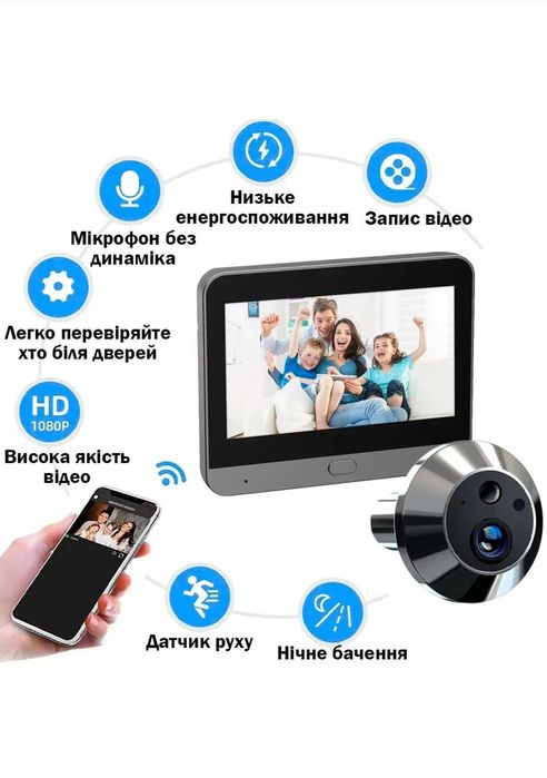 Дверне вічко Бездротове Tuya Smart 1080P Wi-Fi з 4.3”дисплеєм та камерою нічного бачення
