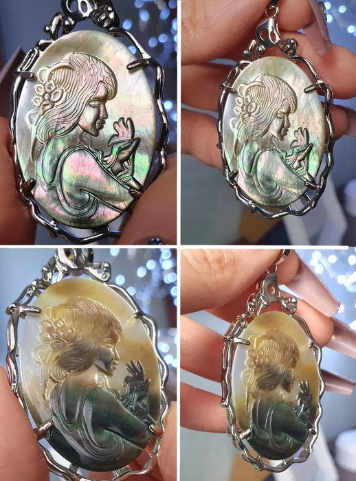 Pendente esculpido em madrepérola, com jovem / mulher / sereia