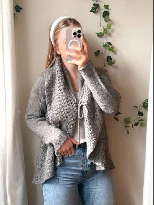 Wiązany kardigan sweter mięsisty narzucany szary z alpaką sandwich s