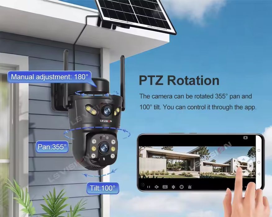 Wi-Fi камера видеонаблюдения 8 МП с солнечной панелью и двойной камерой PTZ 355° V380 Pro