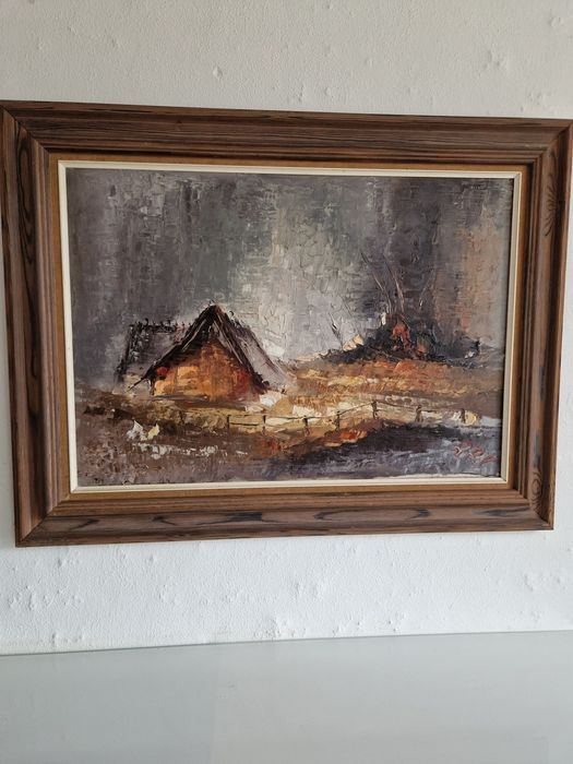 Duński obraz olejny – Rustykalna chata, gruba szpachla (impasto). Oryginał, duża złota rama!