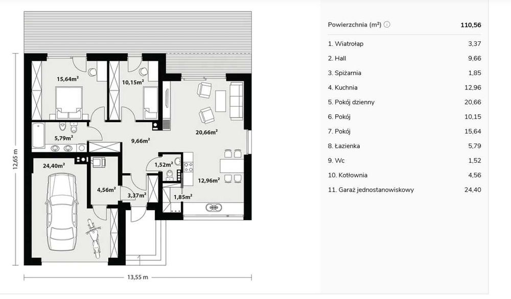 Projekt domu „Nila” BSE1159 — nowoczesny, parterowy dom z garażem