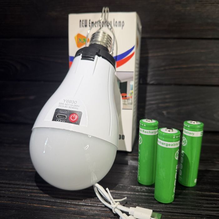 ‼️Аварійна Лампочка 30W + Тайпси Tipe-C аккумуляторна на 3 акб 18650