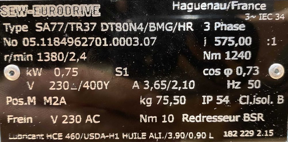 motoreduktor / przekładnia 0,75kW 2,4obr. 3fazowy HAMULEC SEW