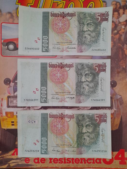 Nota de 5 mil escudos - banco de Portugal  cinco contos 5.000$ bilhete