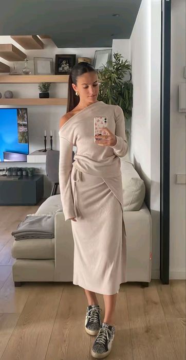 Zara komplet z wiskozą s 36 top spódnica beżowy