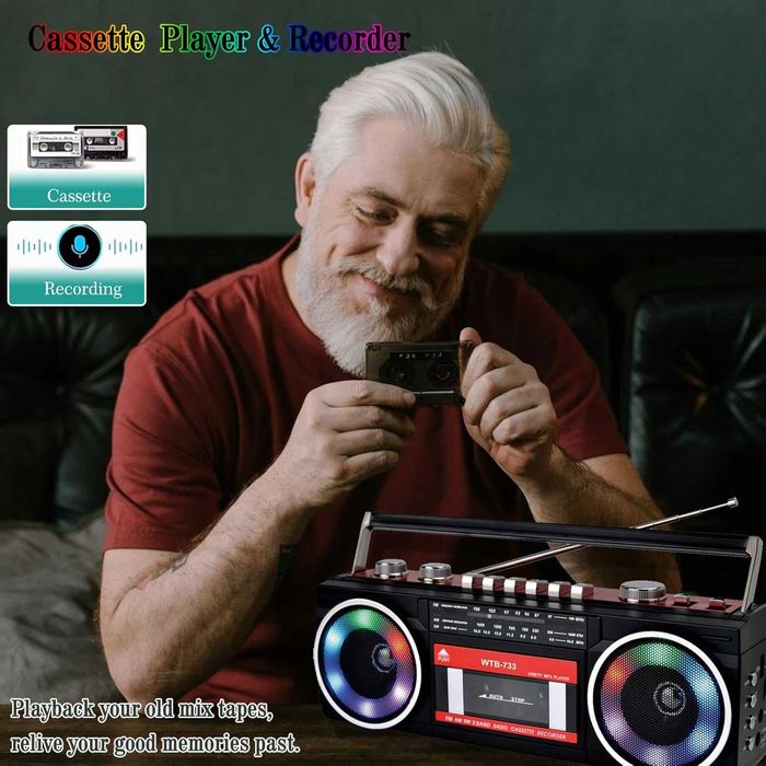 Ретро-касетний магнітофон 80-х років з AM/FM/SW радіо, Bluetooth-бумбоксом, USB, вбудованим мікрофоном для запису голосу, різнокольоровим RGB