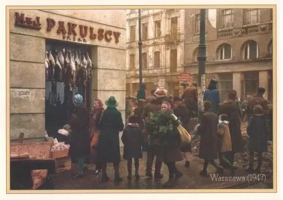 Pocztówka Warszawa 1947 Sklep kolonialny. Nowy Produkt