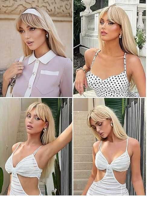 Peruka damska długie włosy blond z grzywką objętość realistyczna 65 cm