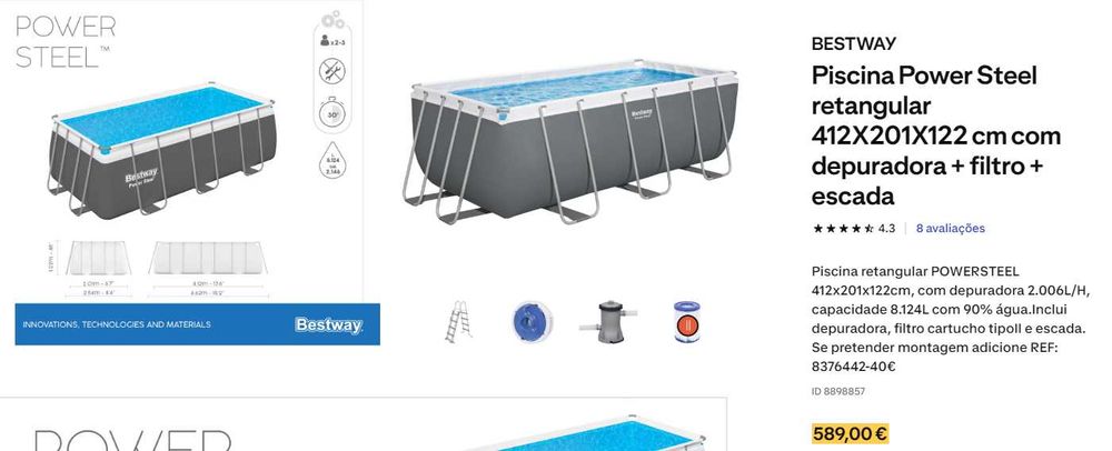 Piscina BESTWAY Power Steel retangular 412X201X122 com filtro + escada