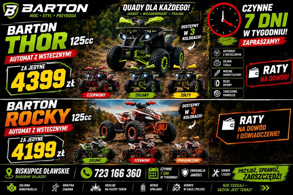 Nowy barton thor 125cc 1+1 automa z wstecznym flagowiec z bartona  model 2026 ledy rozrusznik najtaniej w POLSCE raty na dowód.