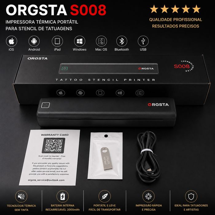Impressora de Stencil para Tatuagens ORGSTA S008 Bluetooth e USB
