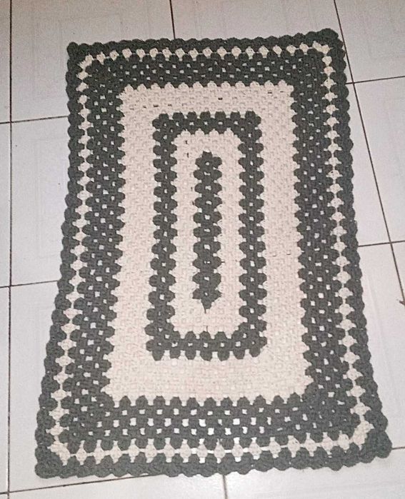 Handmade Green and Natural White Crochet Rug