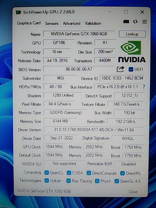 NVIDIA MSI GeForce GTX 1060 6gb OCV1