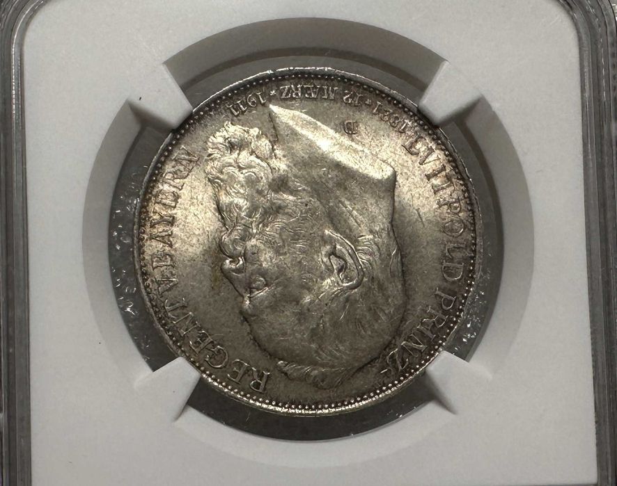 Срібна монета 3 марки Німецька імперія Баварія 1911 Луітпольд NGC MS-64