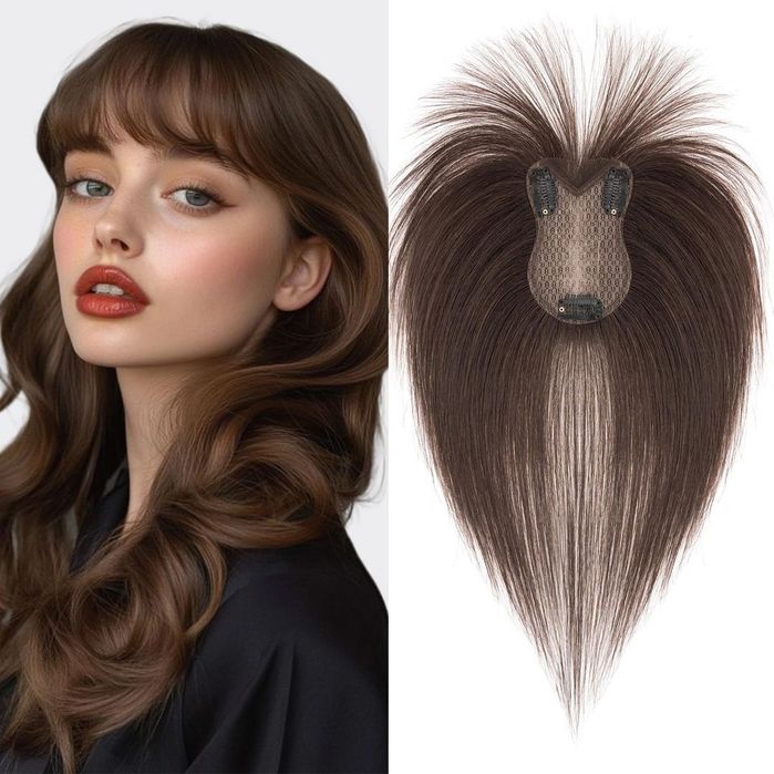 Topper clip-in z grzywką Remy naturalny włos #2 Ciemny brąz 21g 12