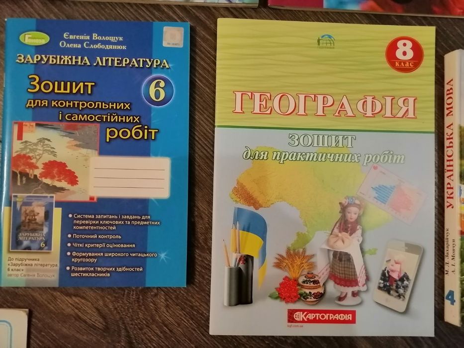 Робочі зошити, контурні карти, підручники для школи.