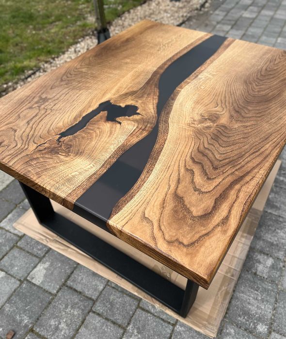 Drewniany stolik kawowy dąb żywica epoksydowa loft #44