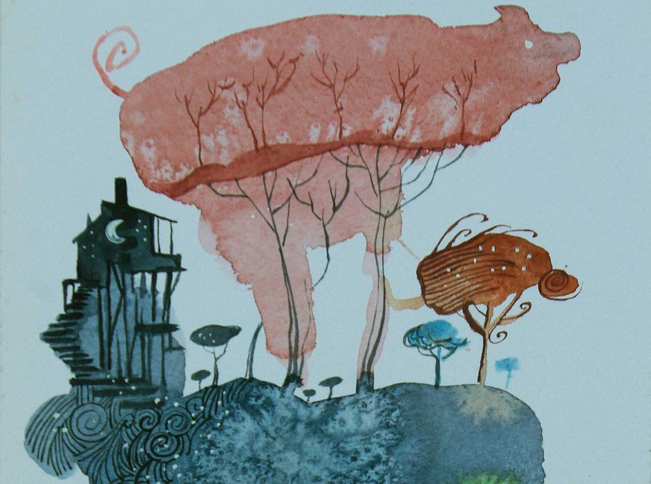 Aguarela original de Carlos Marques. Fantasia, surreal, 3 mundos