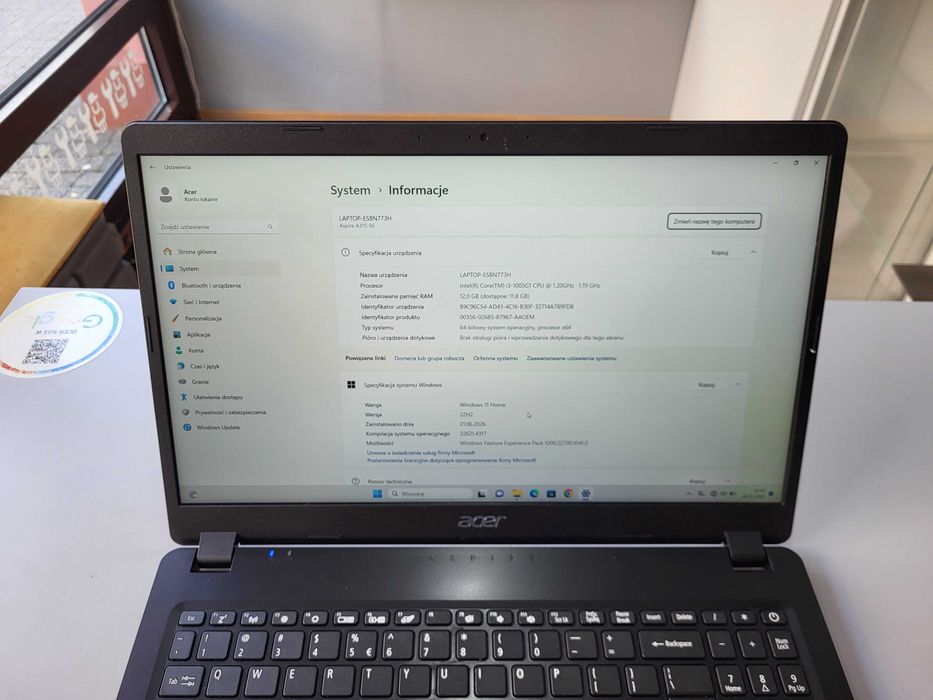 Laptop Acer A315-54 I3-1005G1 12GB SSD 256GB WINDOWS 11