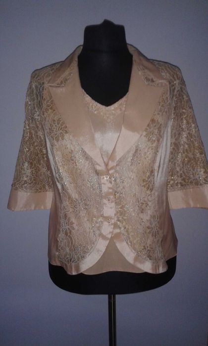 46/48 Dwuczęściowy żakiet z bluzką damski marynarka koronka wizytowy