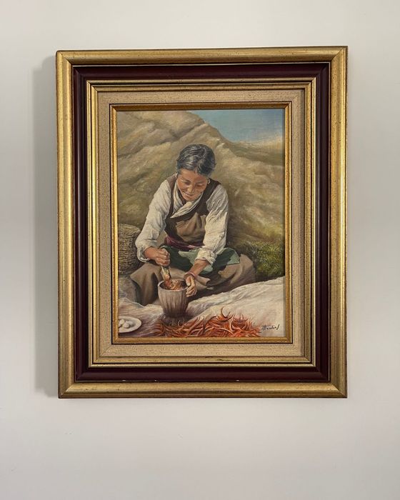 Obraz 59 cm x 49 cm Olej Rama Drewniana Vintage